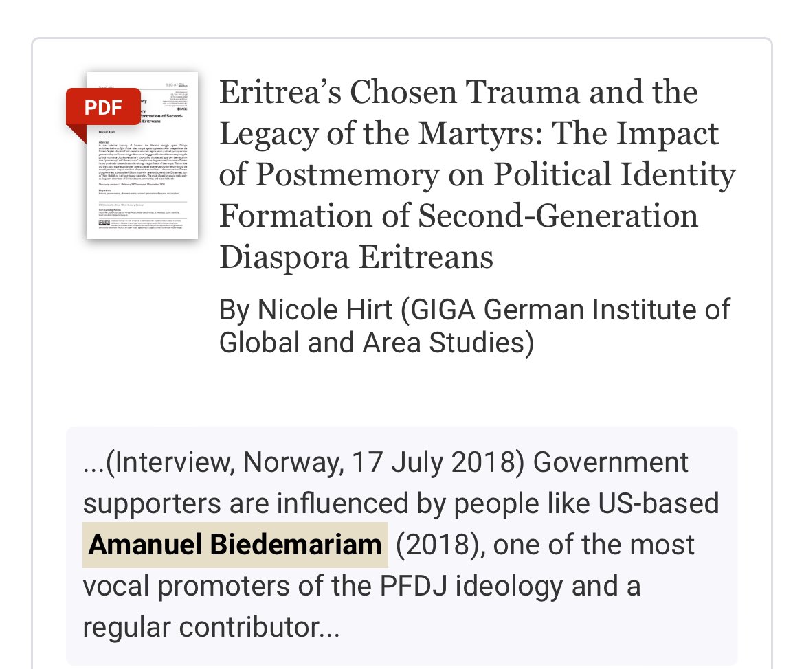 The amount of garbage written about Eritrea in academic circles is sick. Yet, we are not cognizant & not equipped to counter the false narratives & regular smears. We can change it. It could start by supporting those who are writing in support of Eritrea. academia.edu/65177528/Eritr…