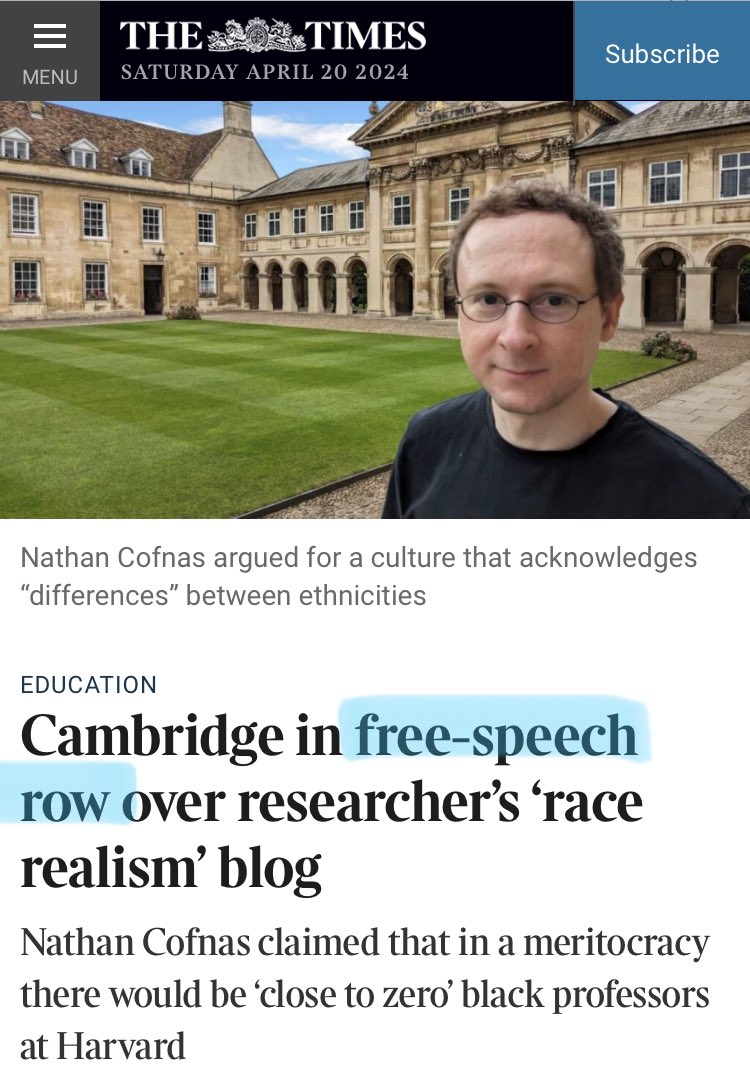 framing these arguments as free speech issues is a way to distract us from the fact that his beliefs are completely unsupported by evidence and his continued dedication to them despite this is disqualifying for a role in research or teaching *on the merits*