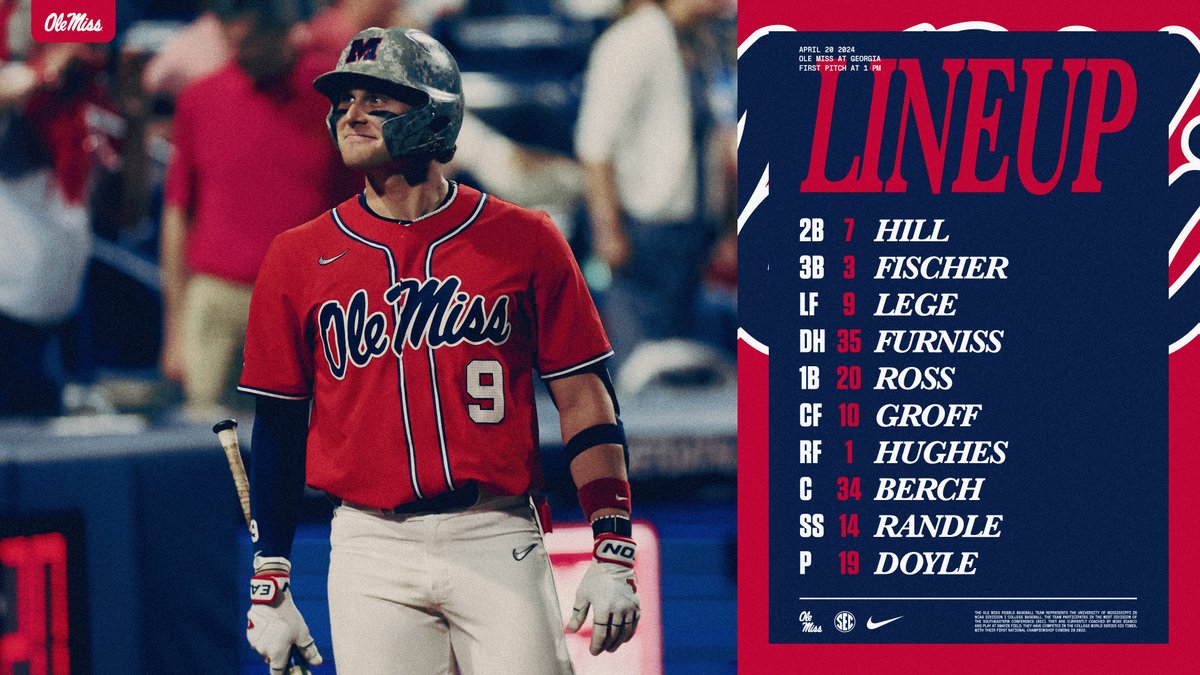 Lineup for game two at Georgia #HottyToddy #RoadREBS