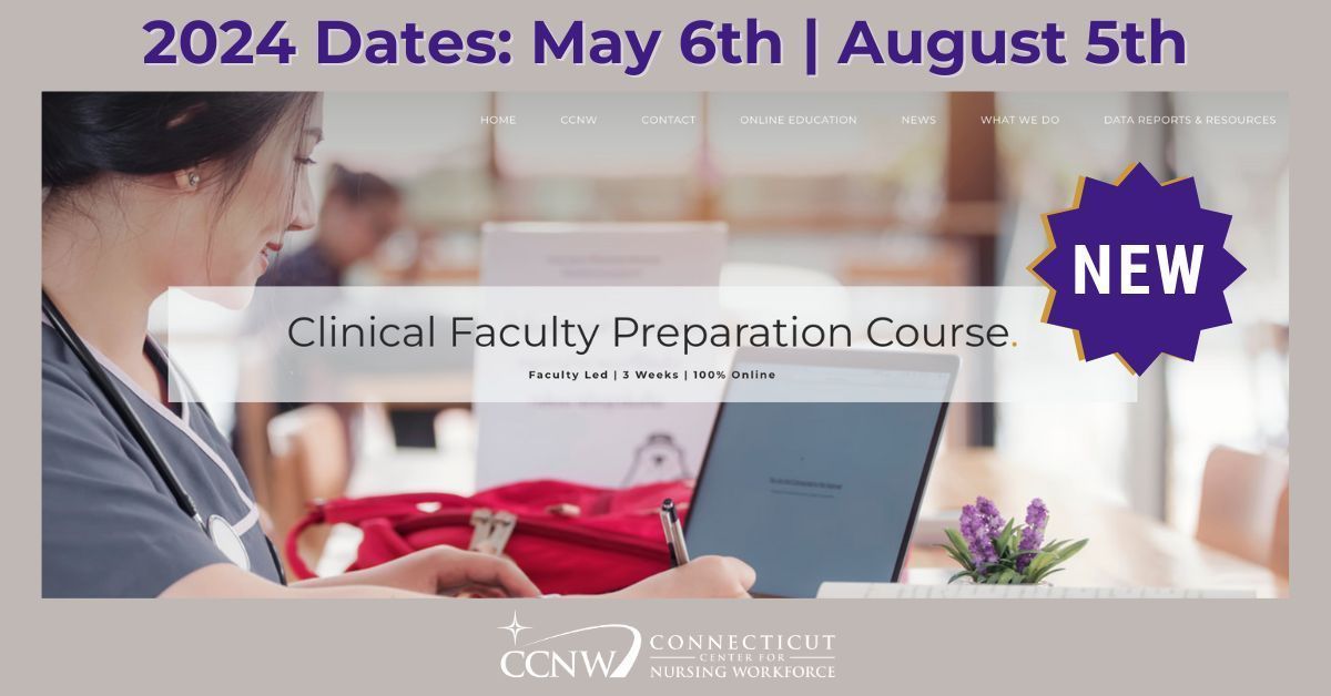 CLINICAL FACULTY PREP COURSE - Faculty Led. 3 Weeks. 100% Online.
➡️ Start Dates: May 6th | August 5th
Info: buff.ly/3GLkokk

REGISTER: Contact Peggy Mallick
203-691-5013 | peggy@ctcenterfornursingworkforce.com

#CCNW #nursingworkforce #clinicalfacultyct #nursingeducation