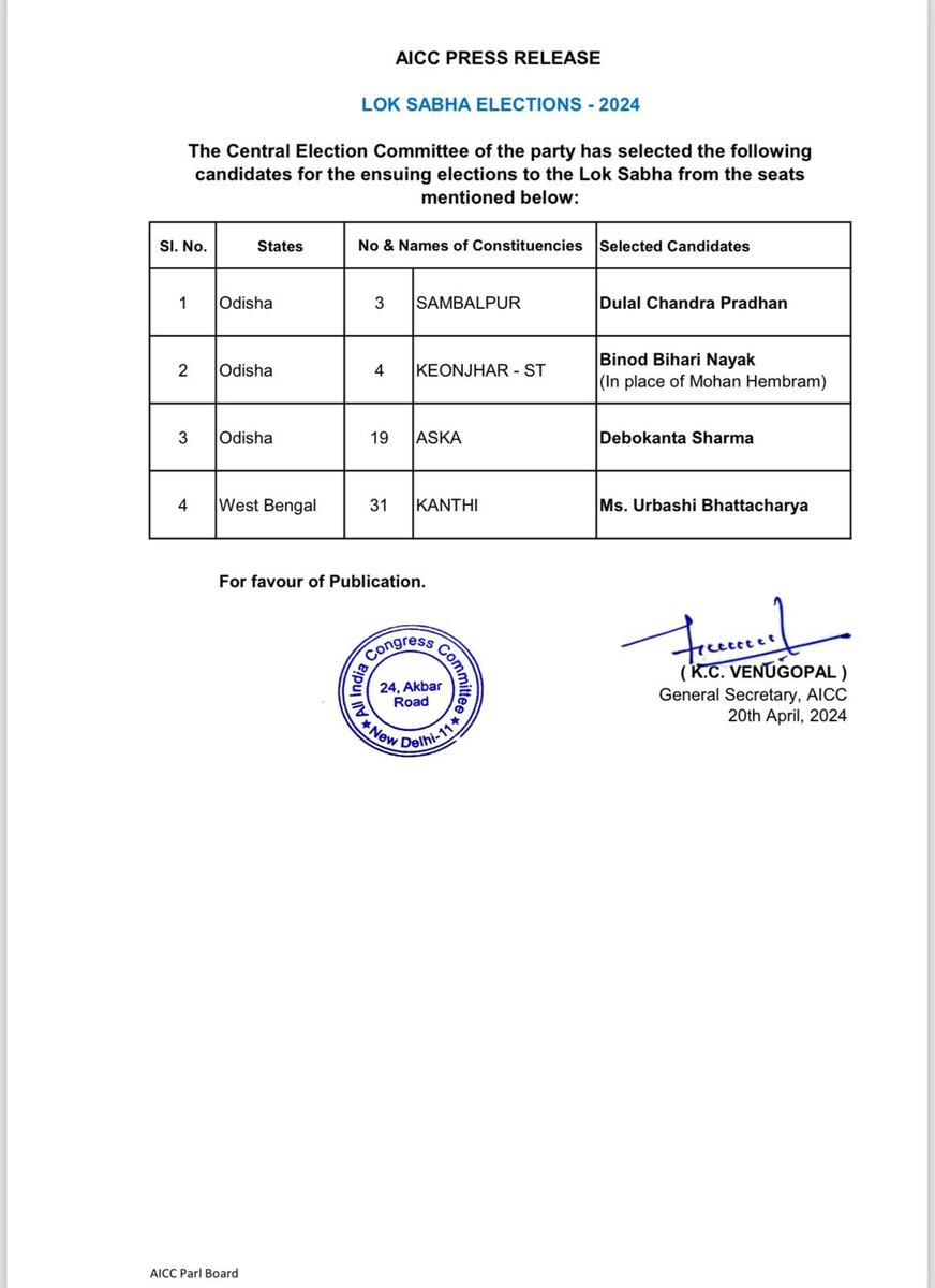 कांग्रेस अध्यक्ष श्री @kharge की अध्यक्षता में आयोजित 'केंद्रीय चुनाव समिति' की बैठक में लोकसभा चुनाव, 2024 के लिए ओडिशा और पश्चिम बंगाल के कांग्रेस उम्मीदवारों की लिस्ट।