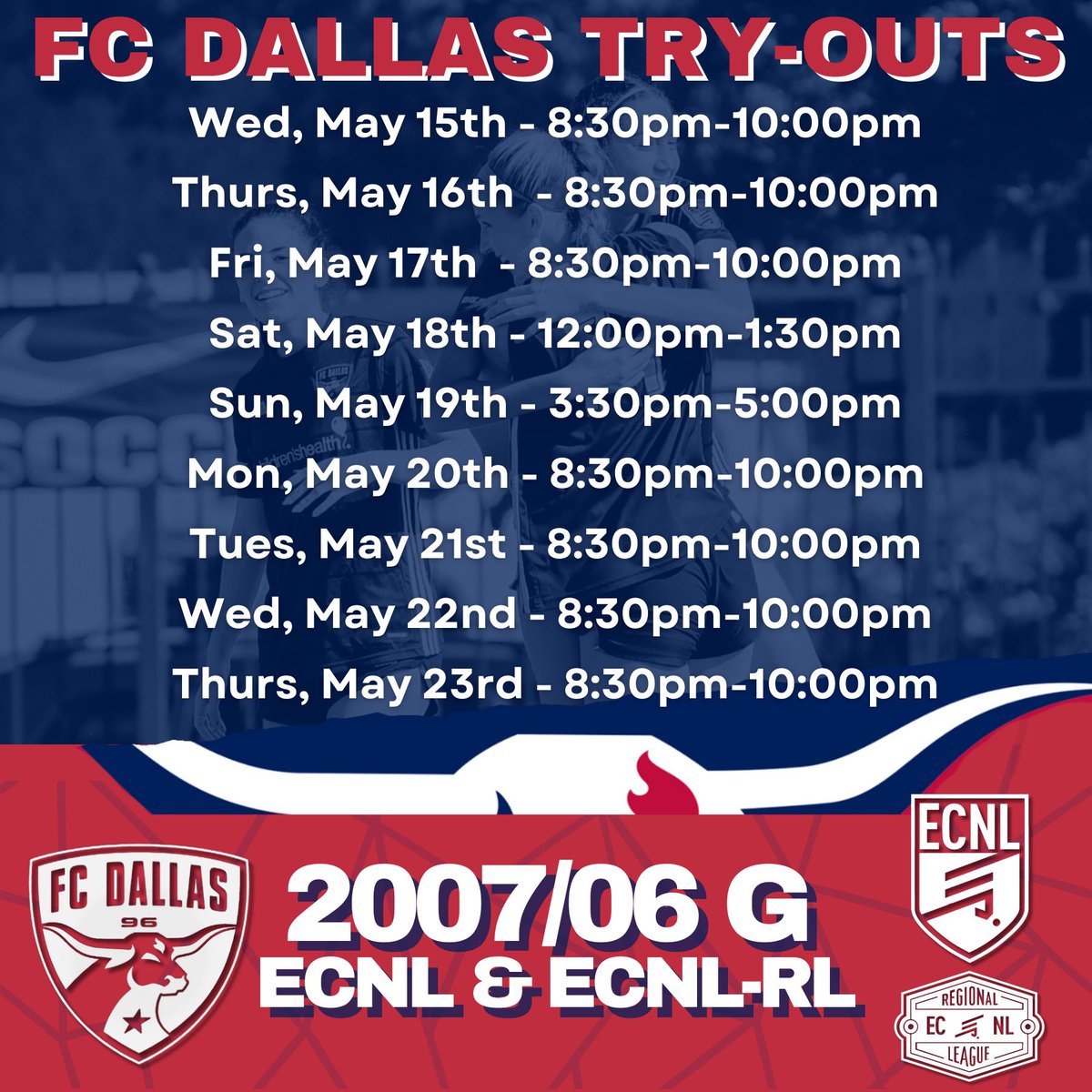 🚨FC Dallas 2024/25 07/06G ECNL-RL Info🚨 Excited for the upcoming year with Coach Gareth Evans! Swipe ➡️ for FC Dallas 2007G ECNL & ECNL-RL try out info and use the link below to sign up today! ⬇️ #DTID 💙⚽️❤️ forms.gle/m1yFosAhCmYGLT… @FCDwomen @GazEvans23