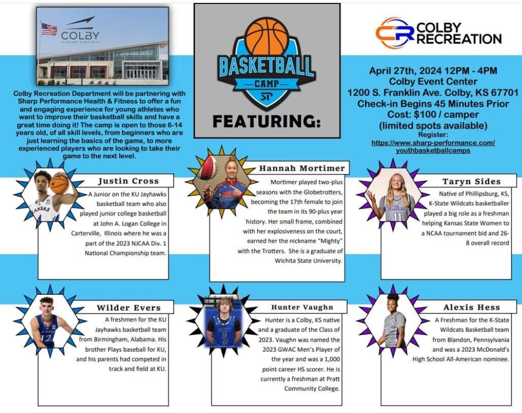 Kansas Pregame (@kansaspregame) on Twitter photo Check out this opportunity from the <a href="/ColbyRec/">Colby Recreation Department</a> and <a href="/sharp_spelite/">Sharp Performance</a> next Saturday in Colby! ππ
Read the post below and register at the link β¬οΈβ¬οΈ
Our lineup is now officially set for the Sharp Performance Youth Basketball Camp on Saturday, April 27th!
We are excited to announce Check out this opportunity from the <a href="/ColbyRec/">Colby Recreation Department</a> and <a href="/sharp_spelite/">Sharp Performance</a> next Saturday in Colby! ππ
Read the post below and register at the link β¬οΈβ¬οΈ
Our lineup is now officially set for the Sharp Performance Youth Basketball Camp on Saturday, April 27th!
We are excited to announce