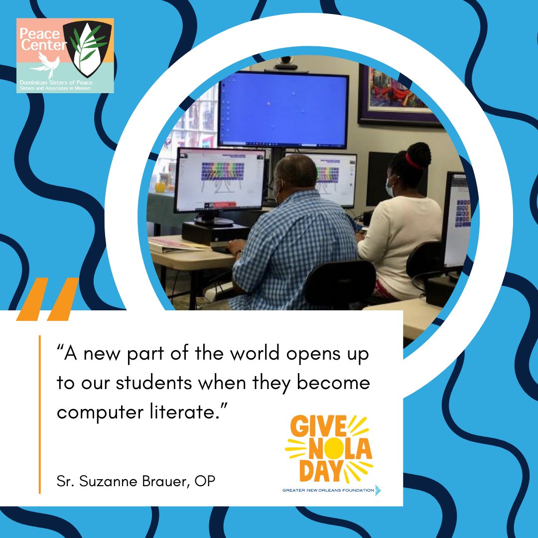 Our Peace Center meets the needs of our neighbors. We offer: - Free computer use - Free computer skills classes - Career & Spiritual counseling Save the date for #GiveNOLADay, a 24-hour event benefiting the NOLA community, on May 7: givenola.org/thepeacecenter… @GNOFoundation