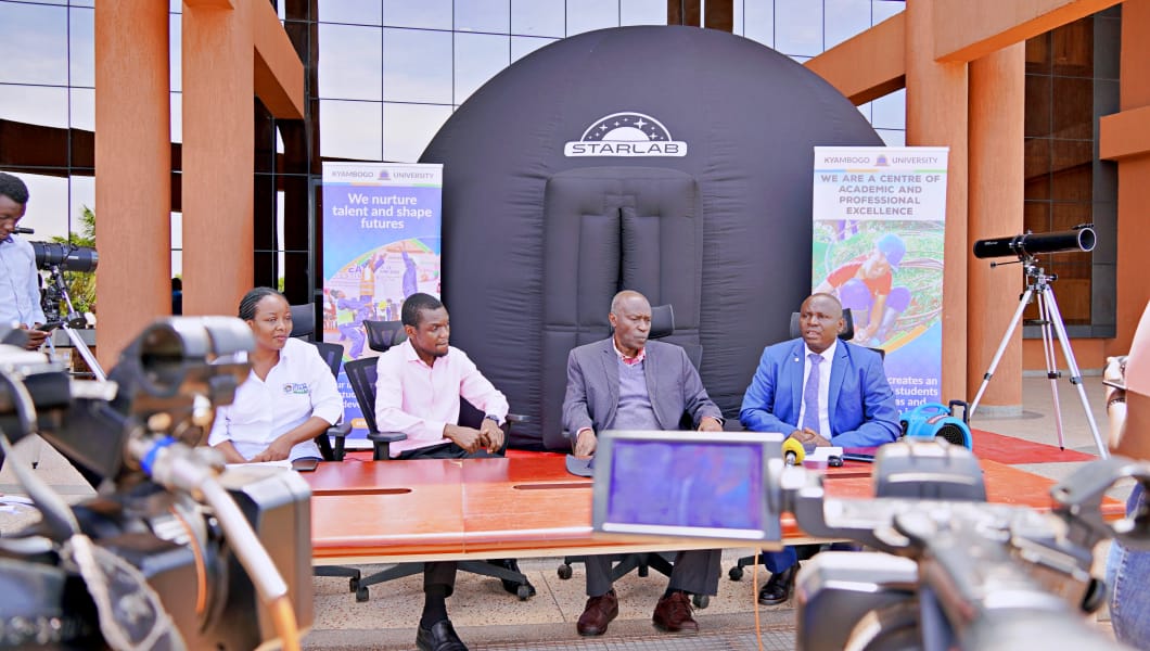 kyambogou's tweet photo. Today, the Vice Chancellor @EliKatunguka held a Pre-STEAM Press Conference at Uganda's first-ever planetarium, a marvel built for showcasing the wonders of astronomy and more! Join us at #STEAMFestival2024, which starts from 24th April to 26th April 2024, for insightful discussions and interactive exhibits!