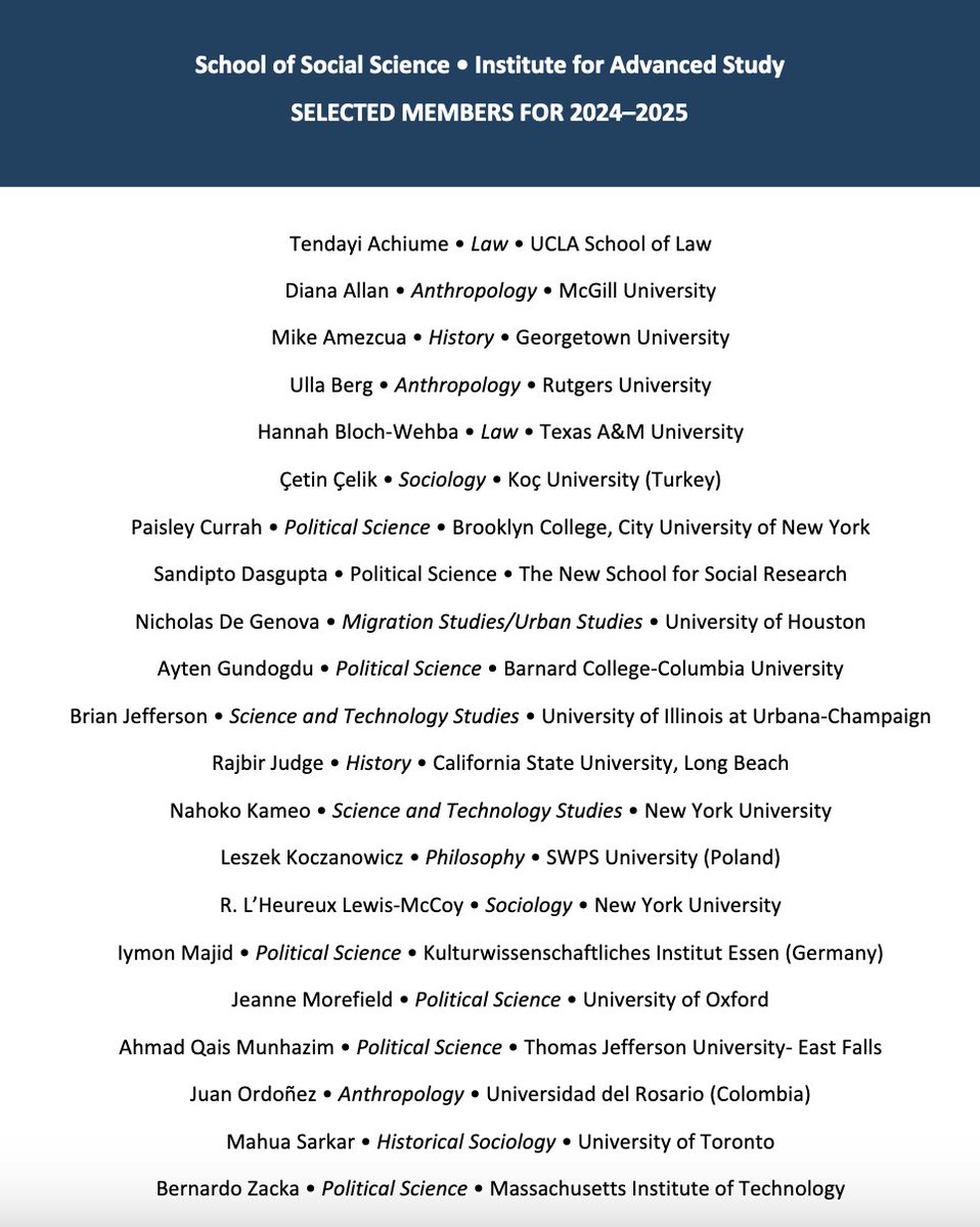Congratulations to the 2024-2025 Members of @the_IAS School of Social Science! ias.edu/sites/default/…