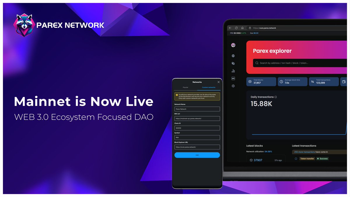 Mainnet is Now Live 🦝♾

We can connect to all #EVM compatible wallets and dApps. 🛜

Documentation for #Parex Network will also be shared soon.