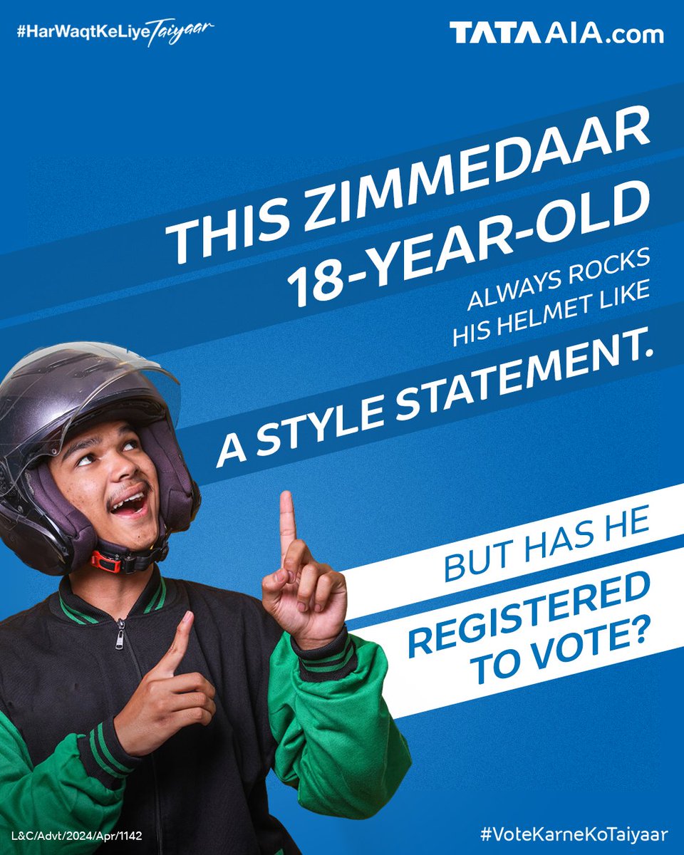 Desh ke youngsters, get taiyaar to be zimmedaar! Play your part in securing the nation's future by registering to vote. Register Now: voters.eci.gov.in T&C apply - bit.ly/TataAIADisclai… #VoteKarneKoTaiyaar #Election2024 #TataAIA #HarWaqtKeLiyeTaiyaar