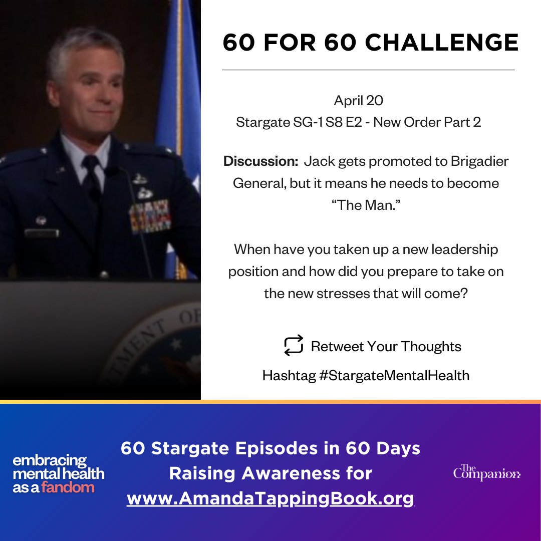 Our Saturday 60 For 60 Watchalong Episode: New Order Part 2. Jack gets promoted to Brigadier General, but it means he needs to become 'The Man.' When have you taken up a new leadership position and how did you prepare to take on the new stresses that will