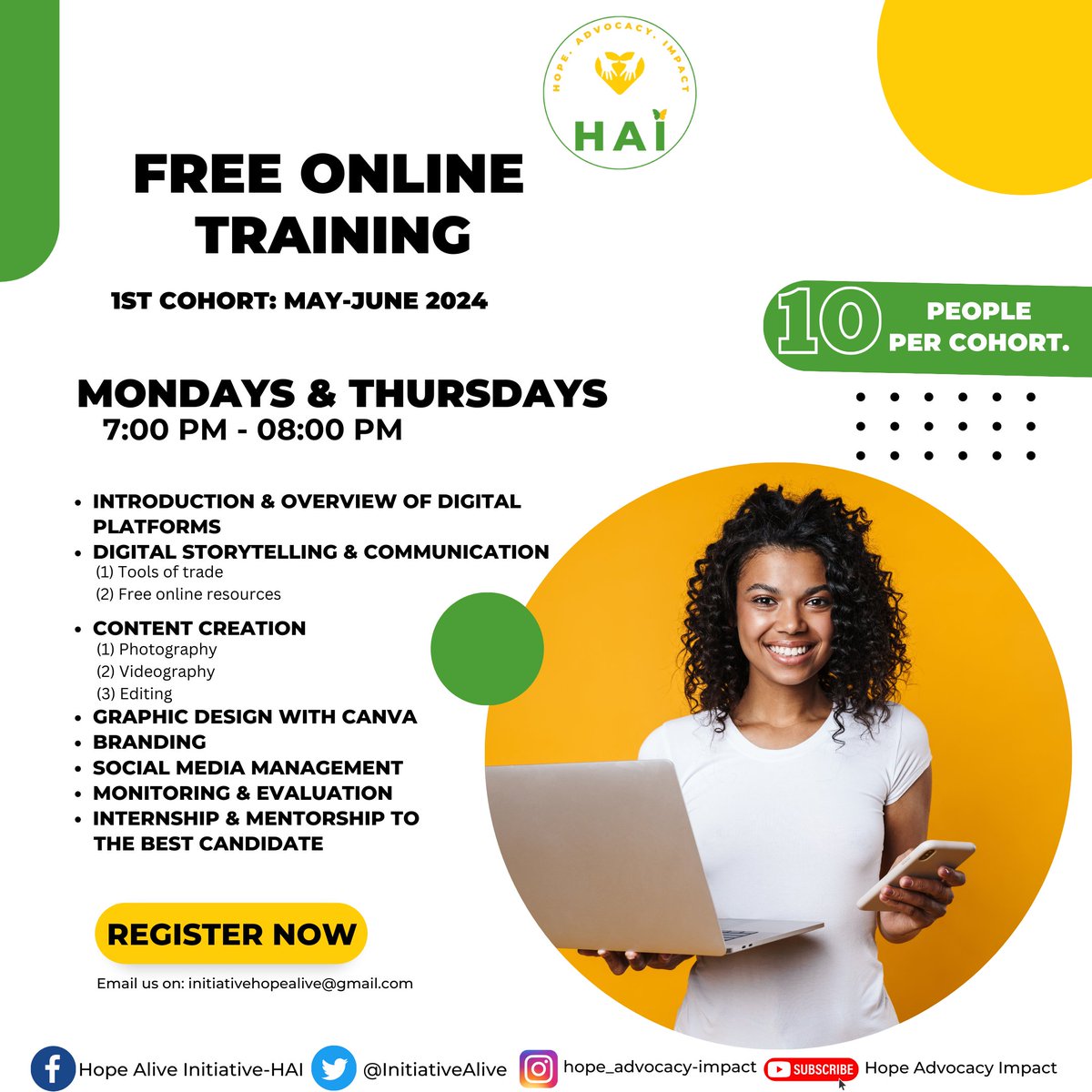 We're offering free online training to equip women & girls, especially those from marginalized communities, with essential digital skills for economic independence. Anyone else interested in mastering digital skills is also welcome. Email us on: initiativehopealive@gmail.com