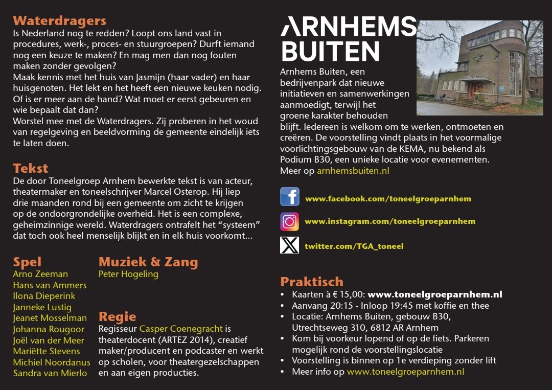 Tussen 6 en 13 juni gaan wij zes avonden optreden met onze nieuwste #voorstelling 'Waterdragers'. En op een bijzondere locatie <a href="/ArnhemsBuiten/">ArnhemsBuiten</a>. Jij komt toch ook kijken en luisteren!