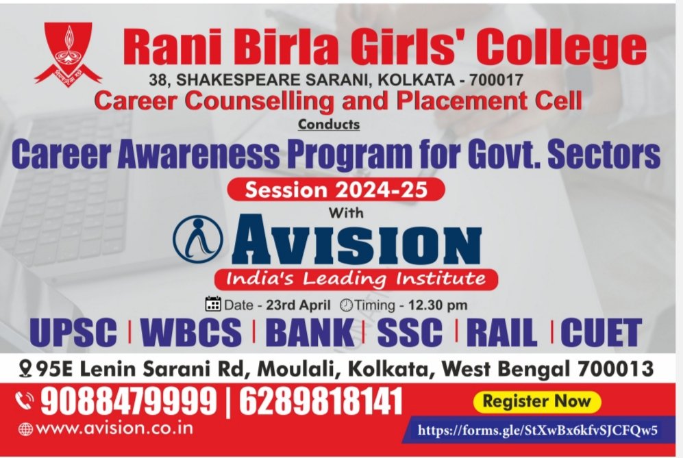 The #CareerCounselling and #PlacementCell of @RBGC_Kolkata has organised a #CareerAwareness Programme for #GovernmentSectors with @avisionindia on 23.04.2024 from 12:30 PM onwards.