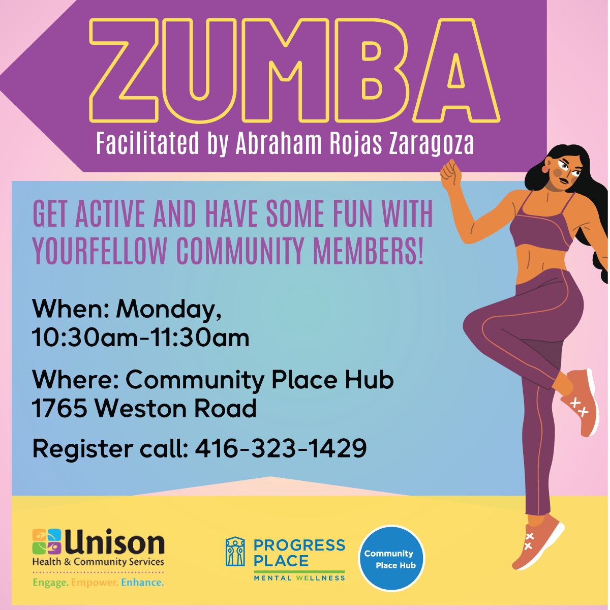 🎉Come and join our new program: Zumba 🗓️Start: Tomorrow, Monday, April 22, 2024 ⏰10:30 am - 11:30 am See you at the Community Place Hub 📍 1765 Weston Rd, York, M9N 3P7 Call for more information and registration: 416-323-4129 #CommunityPlaceHub #Zumba #free