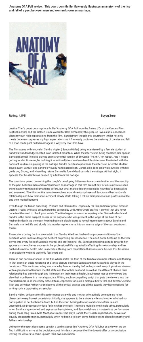 Absolutely loved this intense courtroom thriller #AnatomyOfAFall. My review of Anatomy Of A Fall'. #BestOriginalScreenplay #GoldenGlobes. #SandraHüller #JustineTriet.