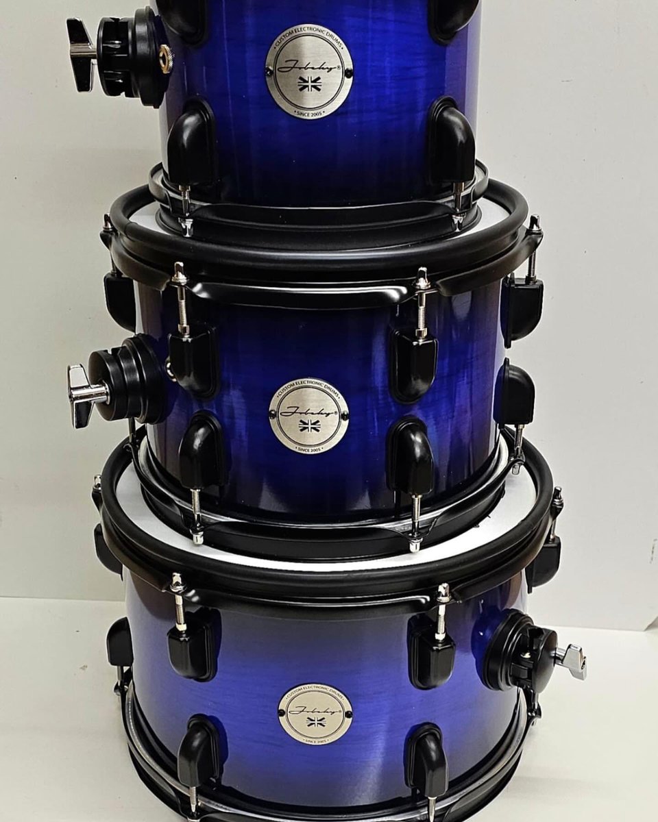 3 blue mahogany electronic drums with black hardware going out to New Zealand #electronicdrums #edrums #drums #quietdrumming