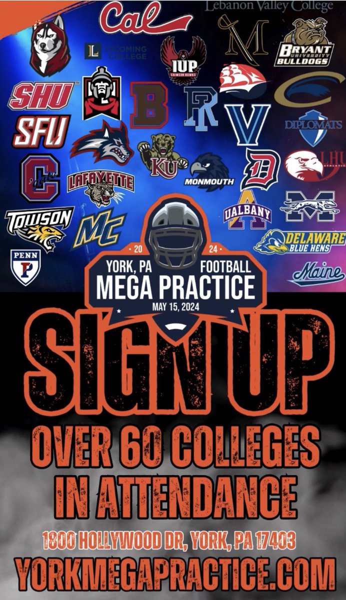 We are now at 70 colleges confirmed! This is going to be a day! 175 registered Online registration closes April 30th midnight. yorkmegapractice.com @PaFootballNews @RussellStoner24 @CoachFry8 @CoachCregger @EPAFootball