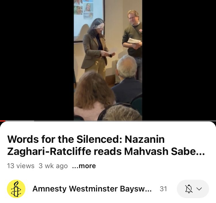 For @nargesfnd birthday today: Nazanin Zaghari-Ratcliffe speaks about Narges Mohammadi and reads a new poem by Mahvash Sabet “For Narges”. 
Watch & share and - of course - support #FreeNarges (volume up, it is a recording from a life event) @FreeNazanin youtu.be/qBKquNSaDZE?fe…