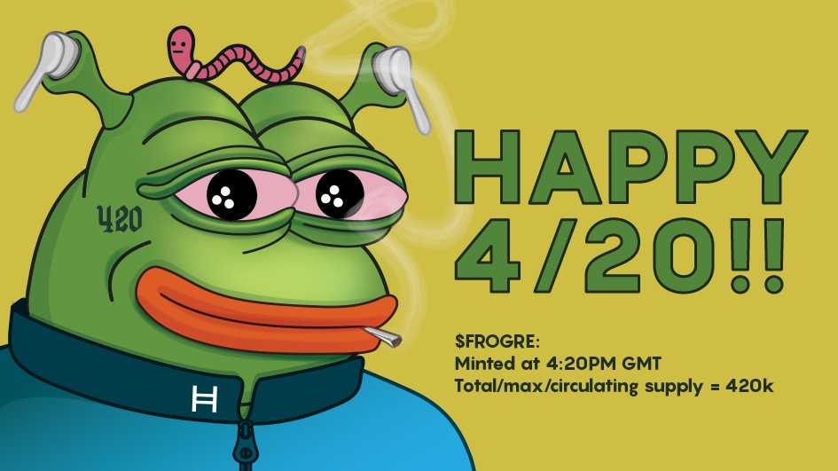 Happy #420! 🌿

Did you know that $FROGRE was minted at 4:20PM GMT?? 😄

Btw this is another sneak peek from the upcoming NFT collection, which is dropping soon. Stay tuned! 🔥🚀

$HBAR #HBAR #NFT