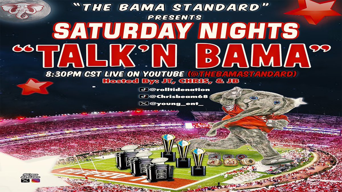 🚨TONIGHT🚨 4/20: Saturday Nights Talk’N Bama (8:30PM CT/9:30PM ET) Hosts: @IAmJGlaze, @young_ent_, & Chris Beam Watch: youtube.com/live/IEffbYClt… 🎯Best Alabama Offense Ever? 🎯Defense Causing Panic! 🎯Tide Portal Needs! 🎯Guest Dre from Elite Feet Customs #RollTide