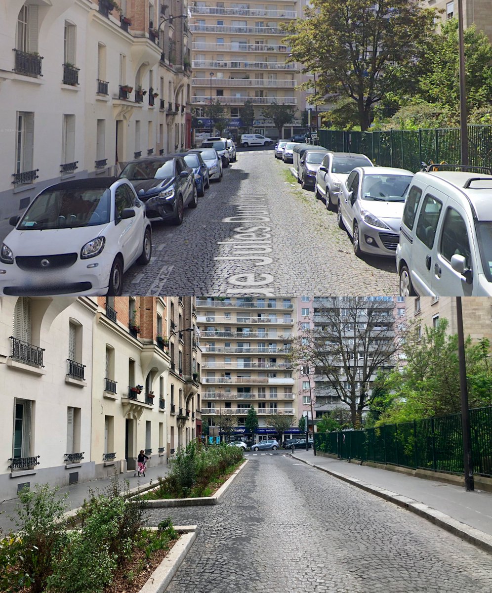 Avant / Après Rue Jules Dumien dans le 20ème arrondissement de Paris. Les deux files de places de stationnement disparaissent pour de la végétation.