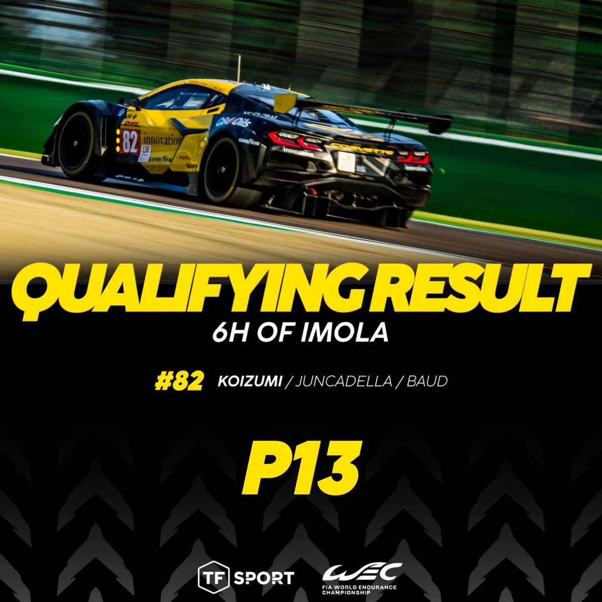 A tough qualifying, but points are scored on Sunday 👀 Qualifying Results: ⚫ #81 LMGT3 ➡️ P11 🟡 #82 LMGT3 ➡️ P13 Now that the grid is set, all we have to do is prepare for the #6HImola tomorrow and put all our focus on the race 👊🏁 #TFSport #WEC #6hImola #TeamChevy