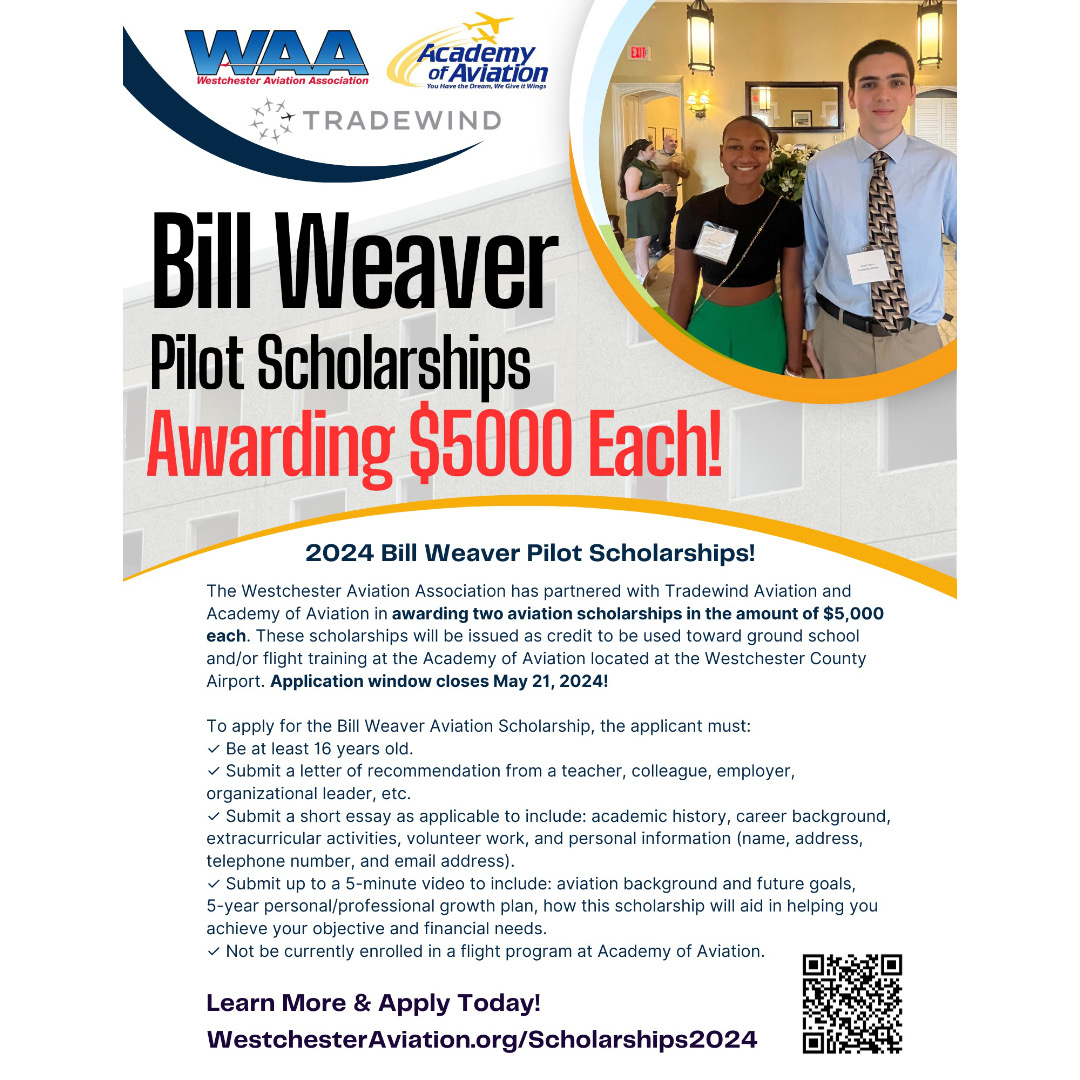 We are proud to invite you to apply for the 2024 WAA Bill Weaver Scholarship sponsored by Academy of Aviation. #flyaoa #westchesteraviation