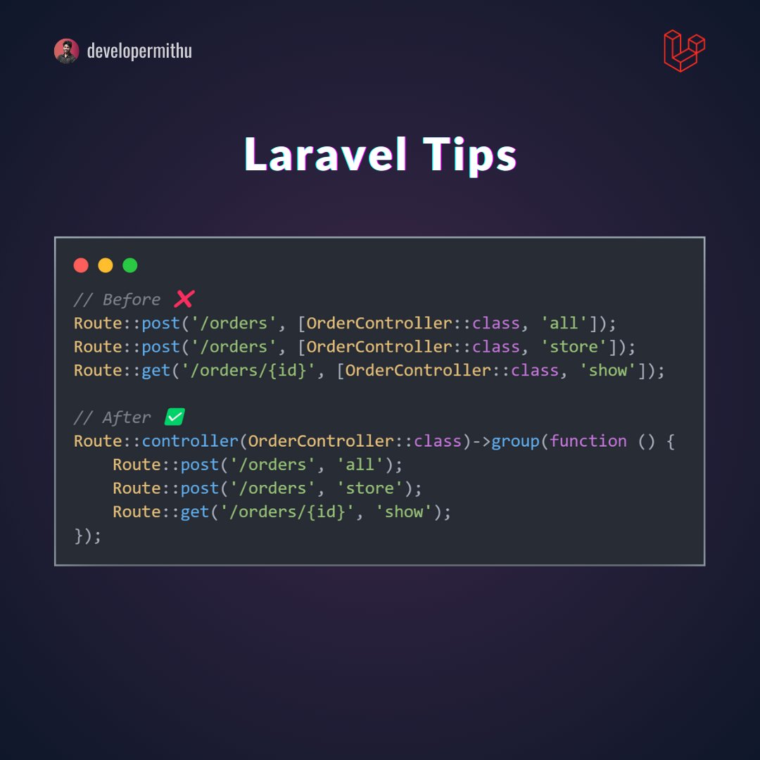 DeveloperMithu's tweet image. Did you know that if you have a group of routes that all use the same controller, you can define the common controller for all of them using the controller method?

This can help simplify your code and make it easier to manage. 👍

#laravel #php #phplaravel @laravelphp💡