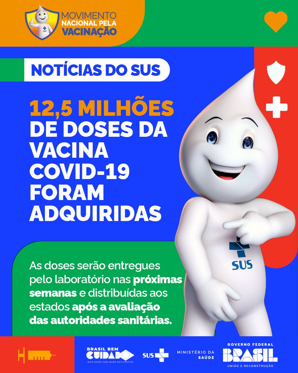 💉 Mais de 12 milhões de doses da vacina contra a Covid-19 vão chegar nas próximas semanas para os brasileiros! 🤝O Ministério da Saúde assinou, nesta sexta-feira (19), o contrato para aquisição das doses. 🔍Vale lembrar que todas as vacinas são aprovadas pela Anvisa e o