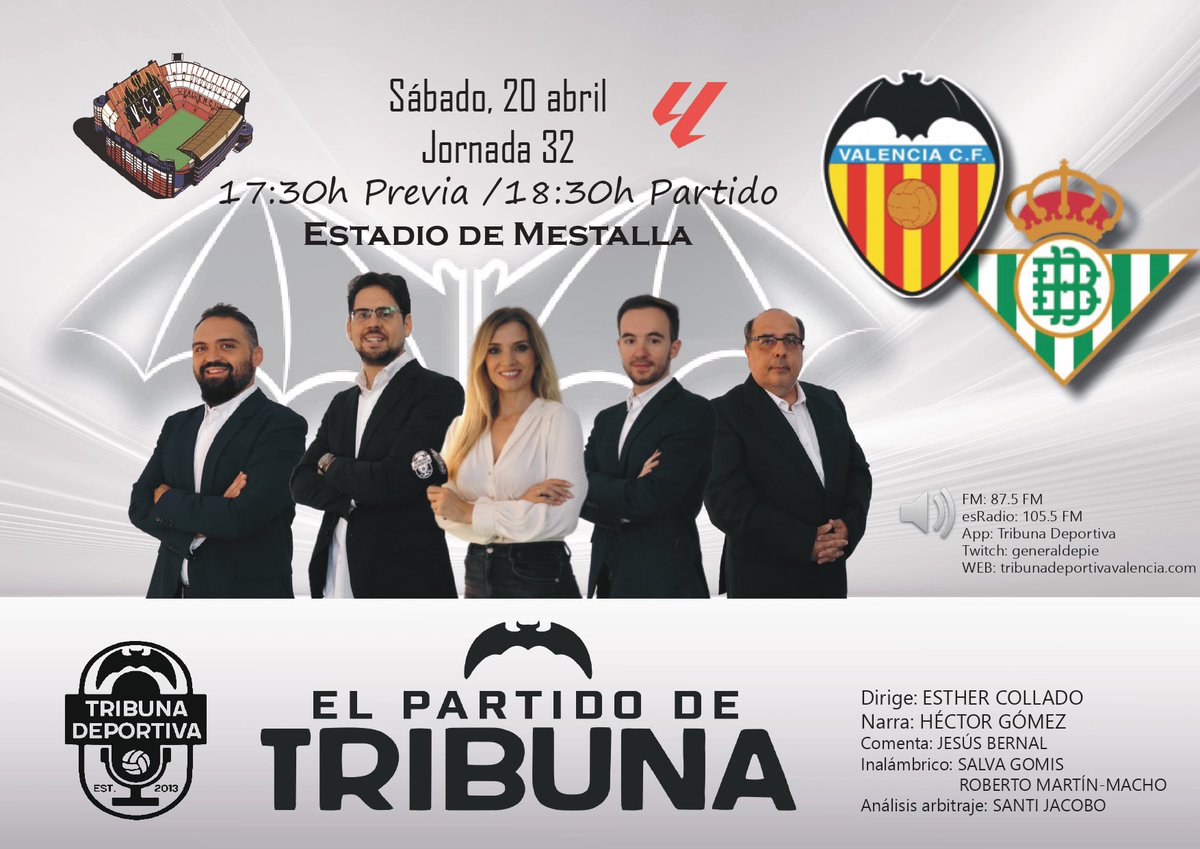 El golpe definitivo a la pelea por Europa en El Partido de @TribunaVCF 📻🎙 3️⃣2️⃣ Jornada @LaLiga ⚽️ @valenciacf - @RealBetis 🏟 Mestalla 🕰 17.30h previa / 18.30h partido 📻 𝟴𝟳.𝟱 𝗙𝗠 / 𝟭𝟬𝟱.𝟱 𝗙𝗠 💻 tribunadeportivavalencia.com 📲 m.twitch.tv/generaldepie 📲App Tribuna