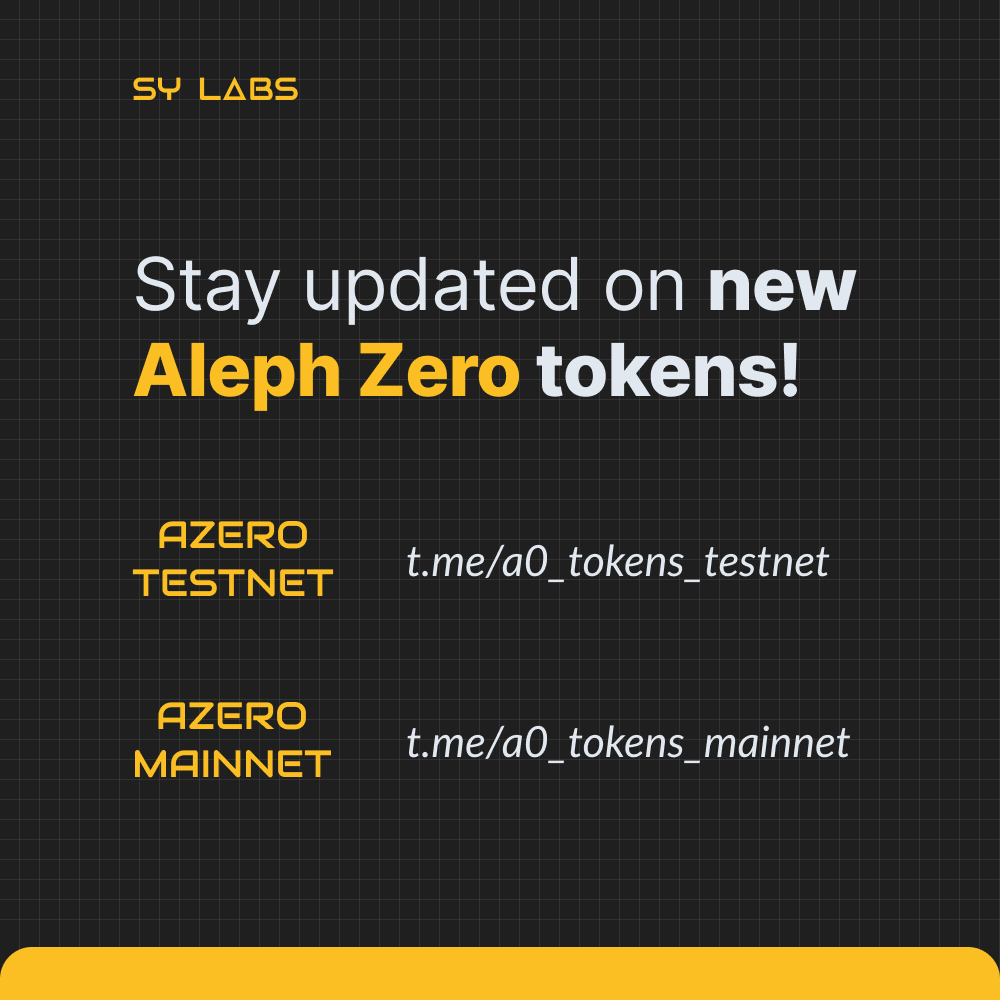 As the @Aleph__Zero ecosystem expands, we're excited to announce the launch of new Telegram channels! Keep up with the latest tokens launching on the testnet and mainnet. 🚀 🔗 Testnet: t.me/a0_tokens_test… 🔗 Mainnet: t.me/a0_tokens_main…