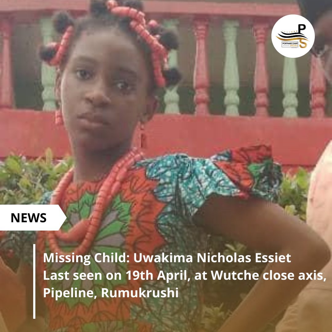 Missing Girl Alert! 
Uwakima Nicholas Essiet, Last seen on the 19th of April 2024, at Wutche Close Axis, pipeline Rumukrushi  Port Harcourt, Rivers state. Kindly contact the Nearest Police station if found. 
Phone numbers of Relatives to follow. 
Please RT #MissingGirl #MWAG