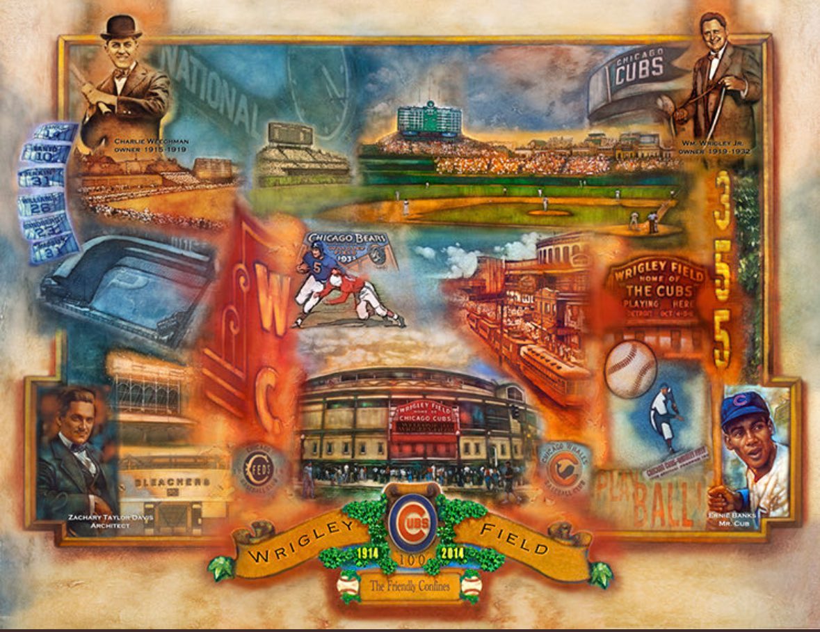 OTD in 1916 the #Cubs played their 1st game at Weeghman Park, which became #WrigleyField. Here’s my 100th Anniversary. #painting documenting its history. #mlb #baseball ⁦@baseballhall⁩