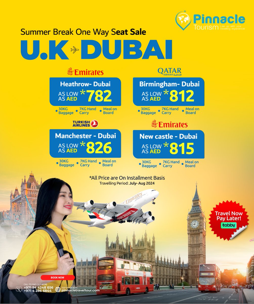 Take advantage of Pinnacle Tourism's exclusive one-way seat sale from the UK to Dubai! Don't miss out on this golden opportunity! 

Pinnacle Tourism ✈️✨
☎️042866844
📲0544248656
📧inquiries@pinnacletraveltour.com

#DubaiBound #TravelDeals #PinnacleTourism #UK2Dubai #ExploreDubai