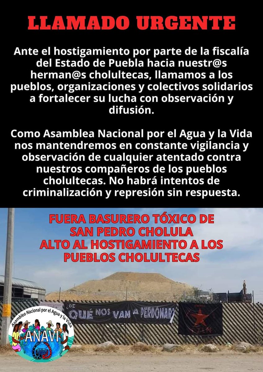 PRONUNCIAMIENTO DE LA ANAVI: FUERA BASURERO TOXICO DE SAN PEDRO CHOLULA wp.me/p8qHTQ-2G5