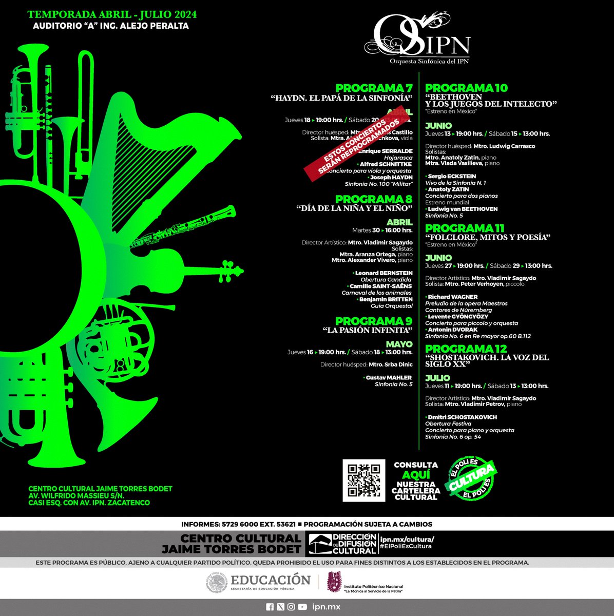 IPN_Cultura's tweet photo. 🚨 ATENCIÓN | Los conciertos del PROGRAMA 7 de la Orquesta Sinfónica del @IPN_MX (#OSIPN) serán reprogramamos hasta nuevo aviso. ¡Te esperamos el 30 de abril con programación especial! 🎈👦👧
 https://t.co/lwWe42HcpC

📍Aud. “Ing. Alejo Peralta”, #CCJTB.

#ElPoliEsCultura. https://t.co/19jLECE8qW