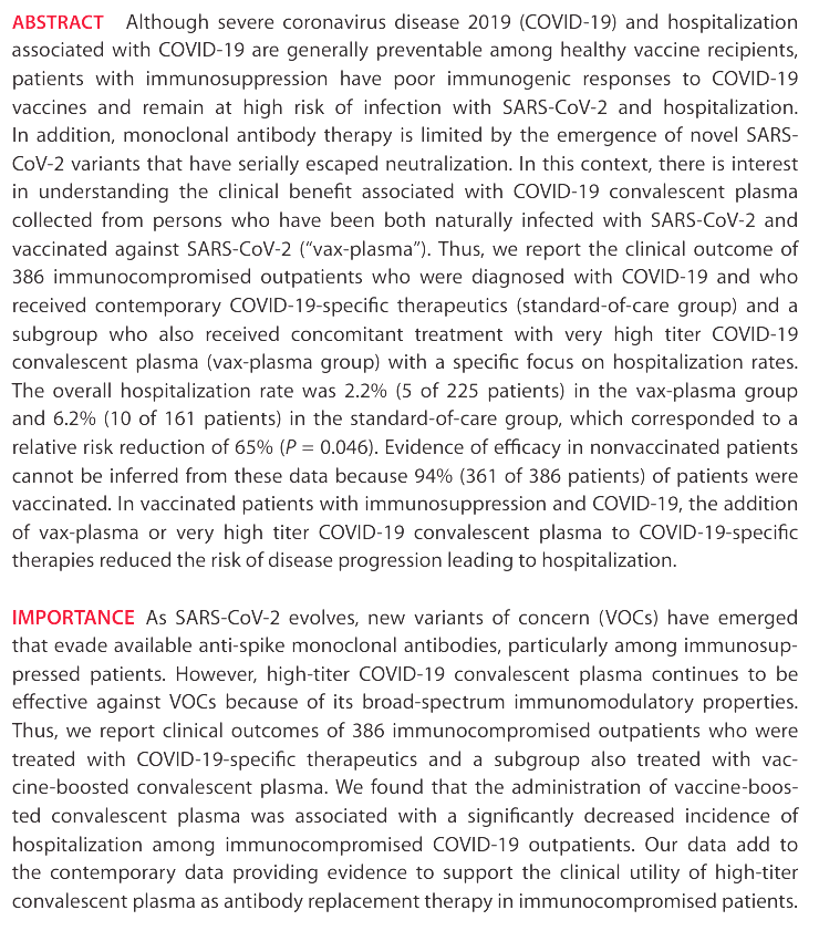 Outpatient treatment with concomitant vaccine-boosted convalescent plasma for patients with immunosuppression and #COVID19 [Apr 14, 2024] @JuanGRipoll1 et al. @mbiojournal
doi.org/10.1128/mbio.0… #COVID19CP #COVID19Vaccine