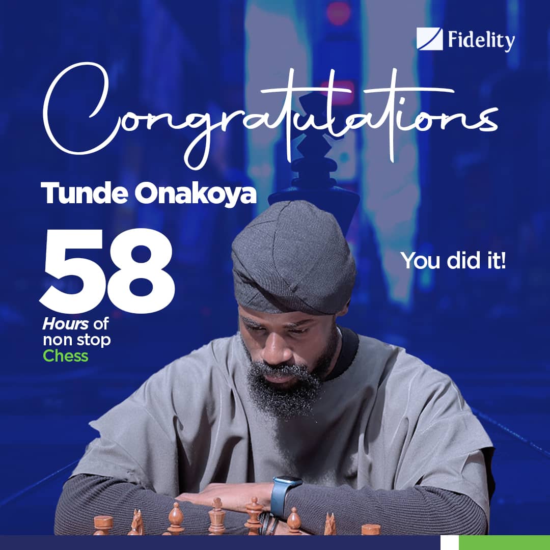 fidelitybankplc's tweet image. Congratulations on your amazing victory! @tunde_onakoya🥳 
You have kept your word of breaking the Chess World Record and made another move at changing the world. 

A true chess king!👑
Your determination is inspiring.

#Tunde58hoursofChess #ChessMarathonforChange #TundeOnakoya