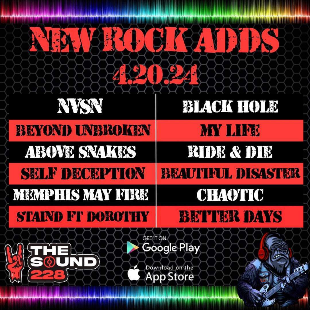 The Sound (@thesound228) on Twitter photo New Rock Adds!
<a href="/nvsnband/">NVSN</a> - “Black Hole”
<a href="/beyondunbroken/">Beyond Unbroken</a> - “My Life”
<a href="/Abovesnakesband/">Above Snakes</a> - “Ride & Die”
<a href="/selfdecsthlm/">Self Deception</a> - “Beautiful Disaster”
<a href="/MemphisMayFire/">Memphis May Fire</a> - “Chaotic”
<a href="/staind/">Staind</a> ft. <a href="/itsdorothysucka/">DOROTHY</a> - “Better Days”
Download the app or listen on the web, linktr.ee/TheSound228 New Rock Adds!
<a href="/nvsnband/">NVSN</a> - “Black Hole”
<a href="/beyondunbroken/">Beyond Unbroken</a> - “My Life”
<a href="/Abovesnakesband/">Above Snakes</a> - “Ride & Die”
<a href="/selfdecsthlm/">Self Deception</a> - “Beautiful Disaster”
<a href="/MemphisMayFire/">Memphis May Fire</a> - “Chaotic”
<a href="/staind/">Staind</a> ft. <a href="/itsdorothysucka/">DOROTHY</a> - “Better Days”
Download the app or listen on the web, linktr.ee/TheSound228