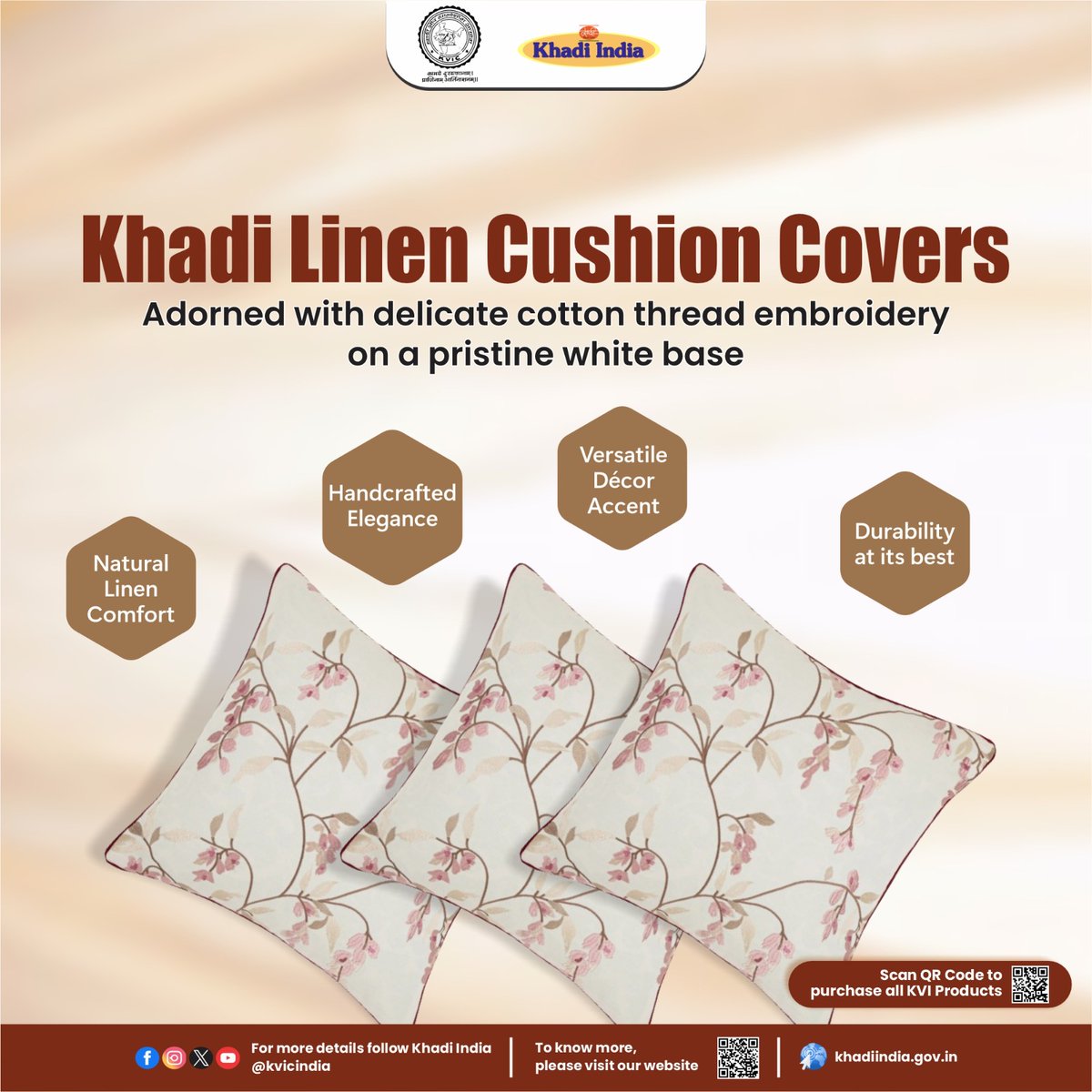 Adding a touch of playfulness to your home decor, our Linen Cushion Covers offer a cozy and comfortable feel, creating an inviting atmosphere in your home. Visit your nearest #Khadi store or purchase all #KVIProducts online at khadiindia.gov.in #KVIC #KhadiIndia