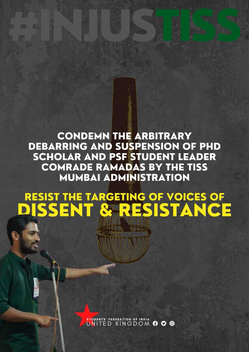 MayukhDuke's tweet photo. Now participating in Student politics is a crime!
Let’s unite against the unfair debarring of Ramadas Prini Sivanandan, a Dalit PhD Scholar by the TISS Mumbai administration for screening of documentaries like 'Ram Ke Naam'!
#JusticeforRamadas
#RevokeSuspension
#injusTISS https://t.co/LkI3fzCysh