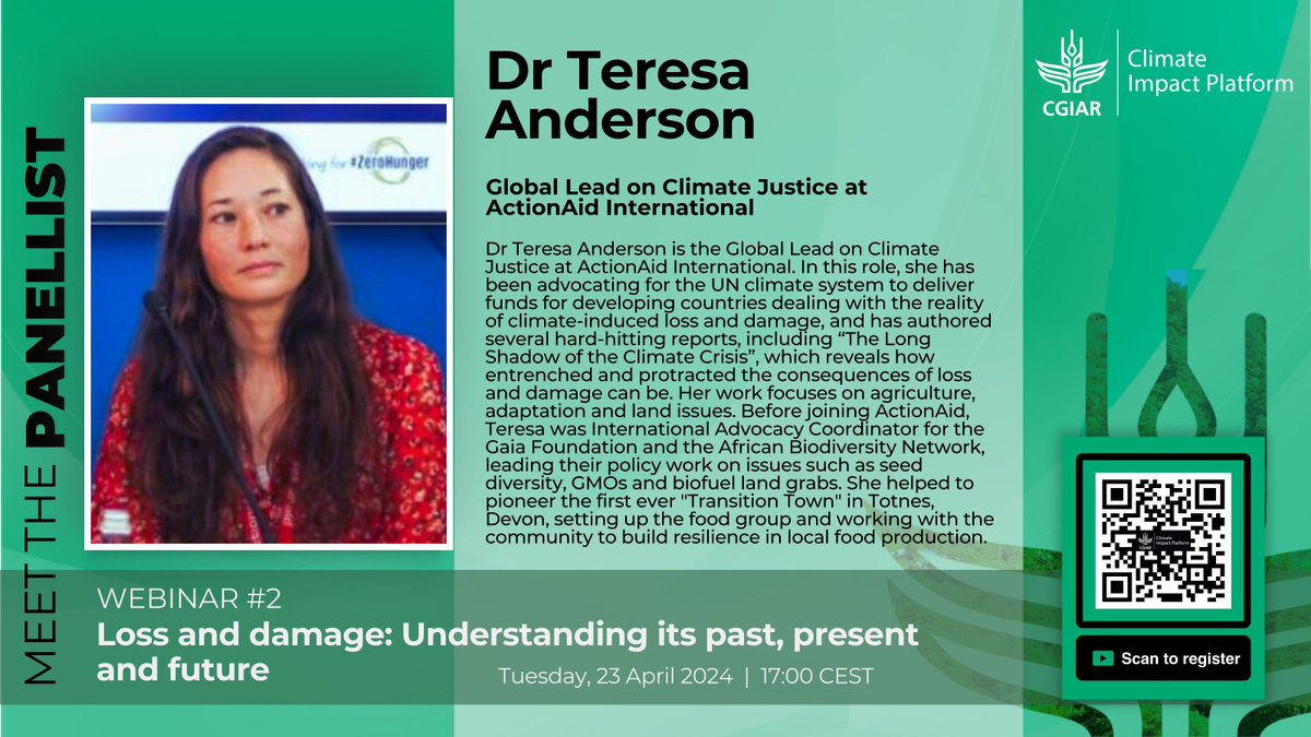 🌐 Join this @CGIAR Climate Impact Platform webinar to hear @1TeresaAnderson offer an NGO perspective on the devastating realities that communities face due to climate-related #LossAndDamage 📆 Apr 23 🕒 3.00 pm GMT/5.00 pm CEST 🔗 on.cgiar.org/3Wd0AxY @aditimukherji