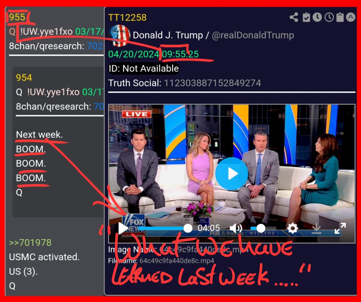 Interesting Timestamp of Trump,..

Dropping a Clip of Fox News discussing a Summary of:
'What they've Learned LAST WEEK'
RE: The Epic Corruption/Political Weaponization of Justice
With his Timestamp 9:55 trump is saying:
You ain't seen nothing yet,
🍿just wait till NEXT week🍿