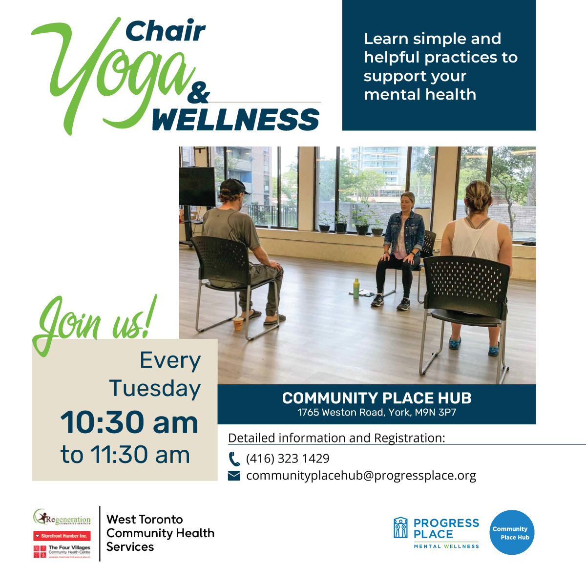 📌Join our Chair Yoga and Wellness today at #CommunityPlaceHub 🗓 Every Tuesday ⏰Time: 10:30 am - 11:30 am #FreeServices #Yoga #Wellness #ChairYoga #Weston 📍Location: Community Place Hub, 1765 Weston Rd., M9N 3P7 Contact us at 416-323-1429 or communityplacehub@progressplace.org