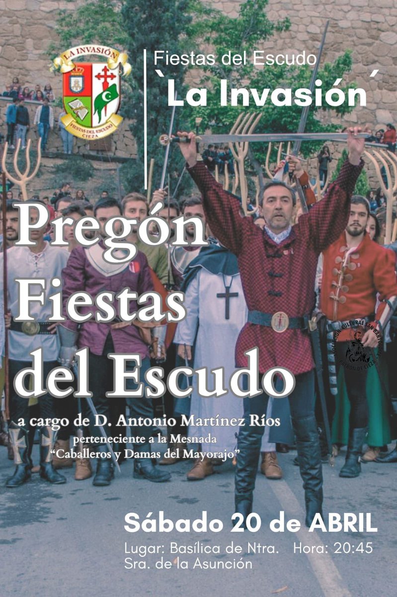 CiezaEnTuMano's tweet image. 20h. Misa y Ofrenda Floral en la Iglesia de la Asunción.

20:45h. Pregón de las Fiestas por Antonio Martínez Ríos. Basílica de la Asunción.

#FiestasdelEscudo2024 
#FiestasdelEscudo 
#LaInvasión #Cieza 
@CiezaTuristica 
@laInvasionCieza 
@OcioenCieza 
@ChitolandiaCiez