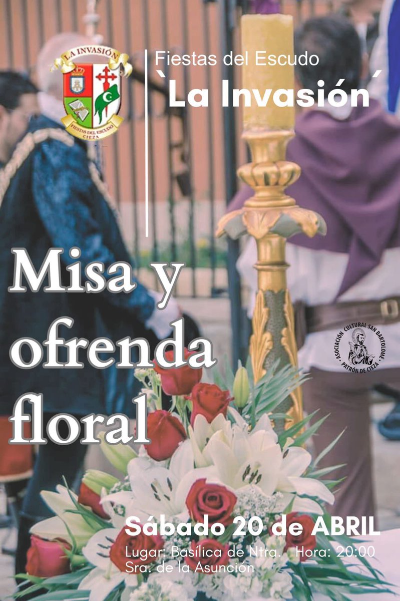 CiezaEnTuMano's tweet image. 20h. Misa y Ofrenda Floral en la Iglesia de la Asunción.

20:45h. Pregón de las Fiestas por Antonio Martínez Ríos. Basílica de la Asunción.

#FiestasdelEscudo2024 
#FiestasdelEscudo 
#LaInvasión #Cieza 
@CiezaTuristica 
@laInvasionCieza 
@OcioenCieza 
@ChitolandiaCiez