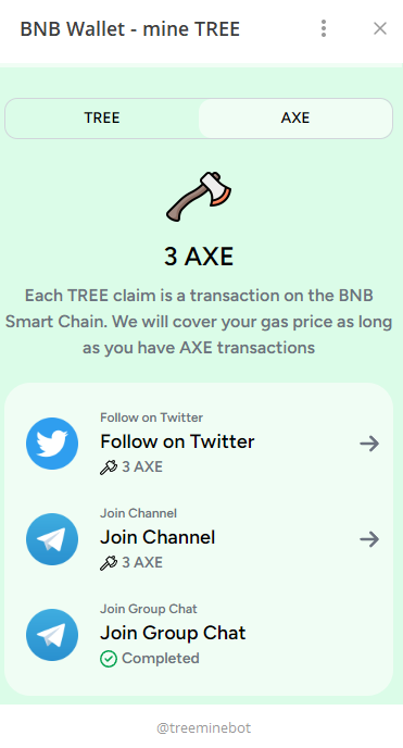 This new feature is a special token of appreciation for players. When they complete one of three simple tasks: ✅ Join Group Chat ✅ Join Channel ✅ Follow on Twitter players will receive a free 9 ⛏️AXE as a reward. The ⛏️AXE will be required for each CLAIM $TREE action in the…