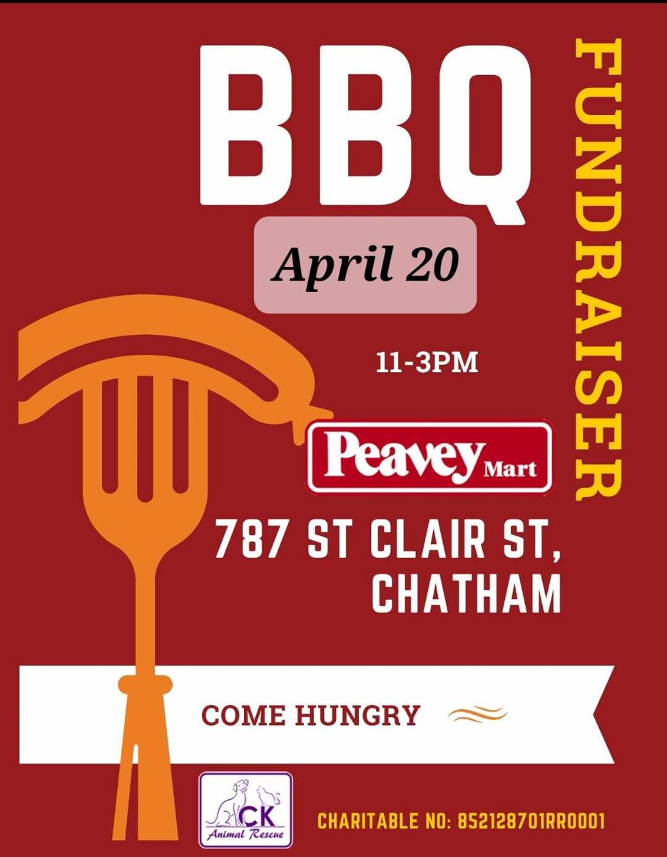 Join @ckanimalrescue at Peavey Mart, 787 St Clair St. Chatham, for a BBQ fundraiser on April 20th, 11-3pm. Come hungry and ready to enjoy hotdogs and hamburgers while helping our furry friends! #YourTVCK #TrulyLocal #Fundraiser #CKAnimalrescue #CKont #BBQFundraiser