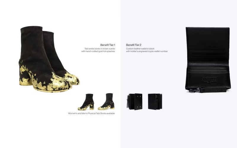 Tier 1: Limited to 15 #NFTs, each priced at 2.5 ETH (approximately $7700 USD), this tier grants ownership of handcrafted Tabi boots embellished with gold foil, along with digital wearables for The #Sandbox and #ReadyPlayerMe platforms. 
#MetaTABI #MaisonMargiela #NFT