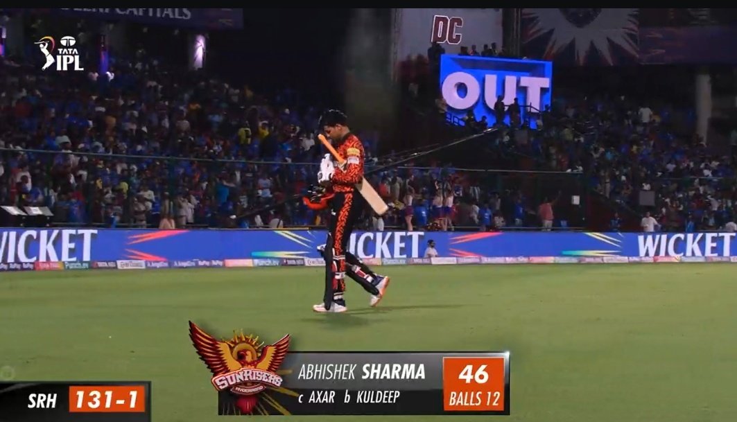 First wicket for DC, Abhishek caught at covers off Kuldeep, 12-ball 46 for him, almost equalled his mentor Yuvraj's record of fastest fifty! #SRH 133/2 in 7 ov