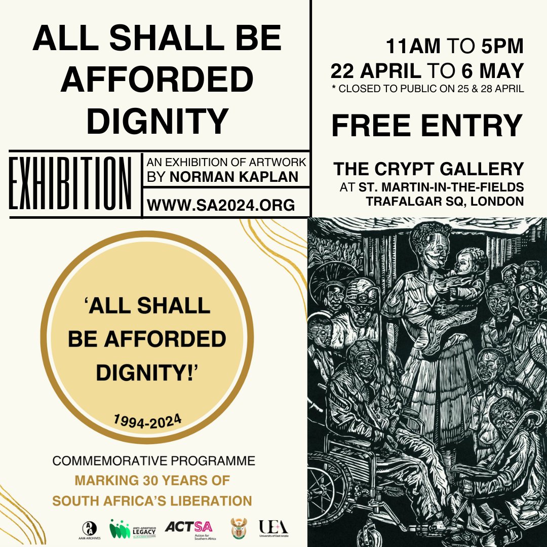 'All Shall Be Afforded Dignity' - OPENS ON MONDAY 🚨 #Exhibition Norman Kaplan's #Linocut & political cartoons on themes of #democracy #freedom & the enduring human spirit 🗓️: 22 April - 6 May Daily: 11 – 5 @smitf_london 🎨 Norman Kaplan, 1996 @concourt_art #printmaking